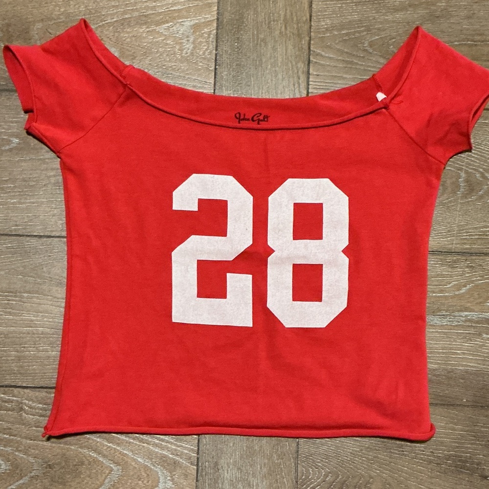 John Galt Red Off-Shoulder Top with White Number 28 sz S